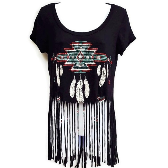 Vintage Occasion Tee Crop Soft Fringe Tribal Bedazzle Embellished Short Sleeves - Picture 1 of 5